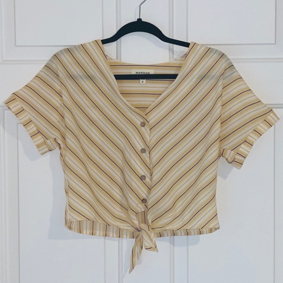 Monteau Tops - ** S O L D ** Cropped Front-Tie Button-Down Shirt